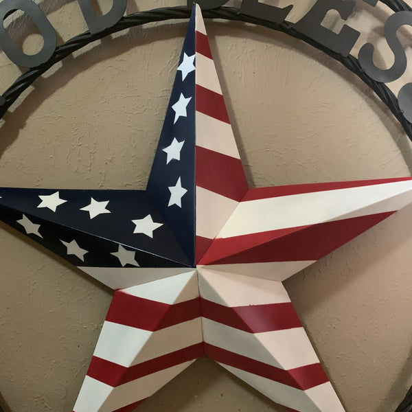 GOD BLESS AMERICA USA FLAG 3d STAR METAL BARN STAR LONE STAR TWISTED ROPE RING WALL ART WESTERN HOME DECOR RED WHITE & BLUE HANDMADE NEW #EH10490