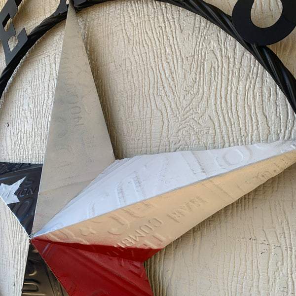 TEXAS LICENSE PLATE BARN STAR METAL LONE STAR TWISTED BLACK RING & LETTERS WESTERN HOME DECOR HANDMADE NEW