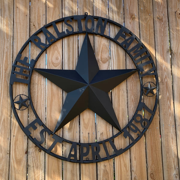 RALSTON FAMILY STYLE CUSTOM NAME STAR BARN METAL STAR 3d TWISTED ROPE RING WESTERN HOME DECOR RUSTIC BLACK HANDMADE 24",32",36",50"