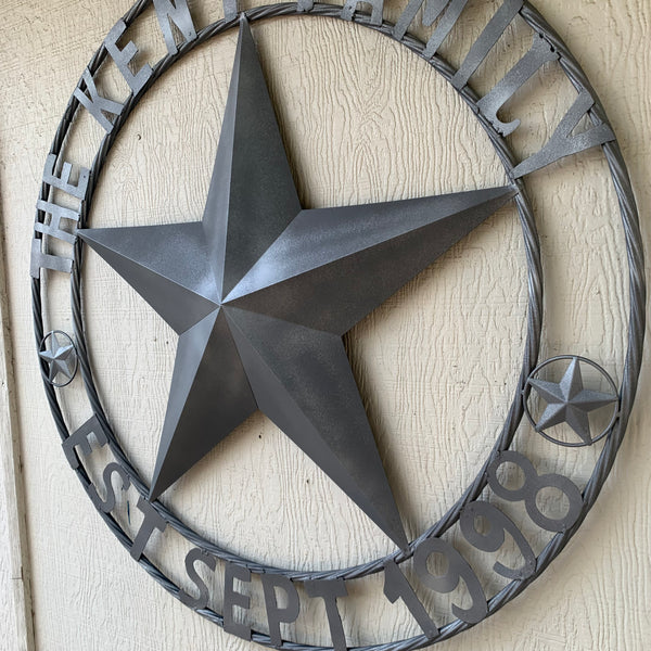 KENT STYLE CUSTOM STAR NAME BARN METAL STAR 3d TWISTED ROPE RING WESTERN HOME DECOR RUSTIC GREY SILVER HANDMADE 24",32",36",50"