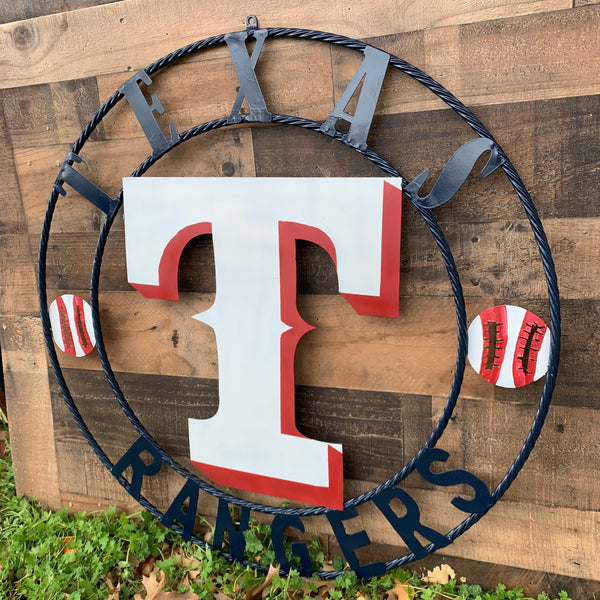 TEXAS RANGERS CUSTOM METAL VINTAGE CRAFT TEAM SIGN WHITE & RED & NAVY BLUE RING HANDMADE