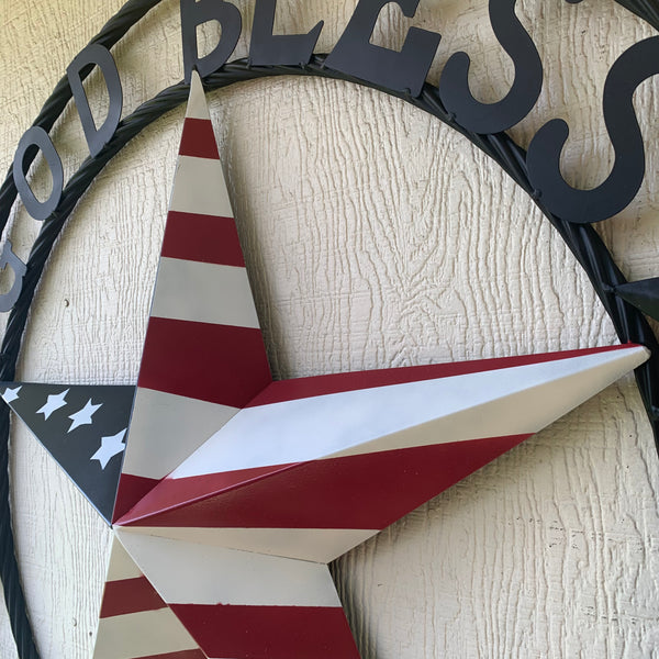 GOD BLESS AMERICA USA FLAG 3d STAR METAL BARN STAR LONE STAR TWISTED ROPE RING WALL ART WESTERN HOME DECOR RED WHITE & BLUE HANDMADE NEW #EH10490