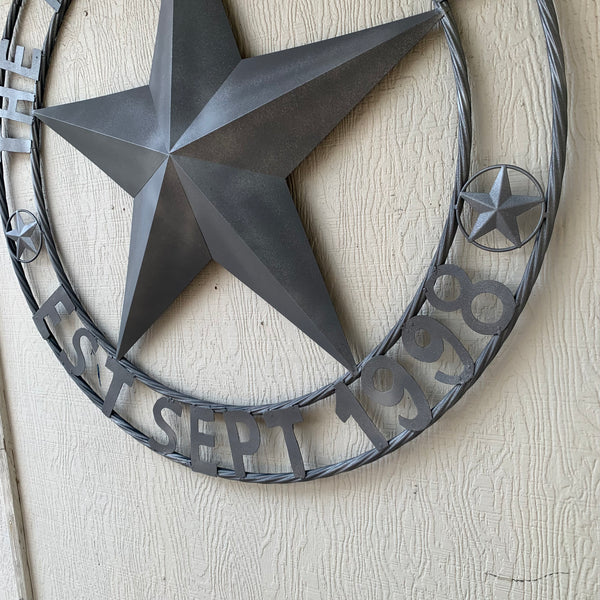 KENT STYLE CUSTOM STAR NAME BARN METAL STAR 3d TWISTED ROPE RING WESTERN HOME DECOR RUSTIC GREY SILVER HANDMADE 24",32",36",50"