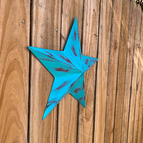 TURQUOISE DISTRESSED TWO TONE BARN STAR METAL ART WESTERN HOME DECOR HANDMADE NEW