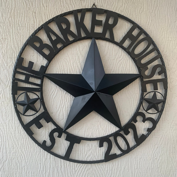 BARKER STYLE CUSTOM NAME STAR BARN METAL STAR 3d TWISTED ROPE RING LONESTAR WESTERN HOME DECOR RUSTIC BLACK HANDMADE 24",32",36",50"