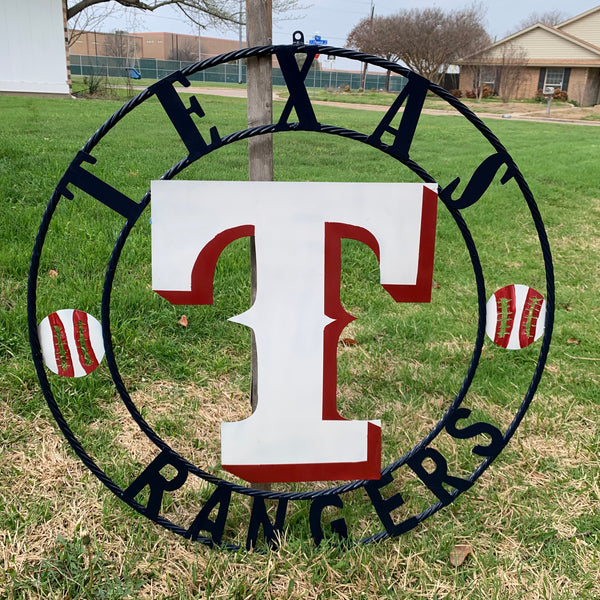 TEXAS RANGERS CUSTOM METAL VINTAGE CRAFT TEAM SIGN WHITE & RED & NAVY BLUE RING HANDMADE