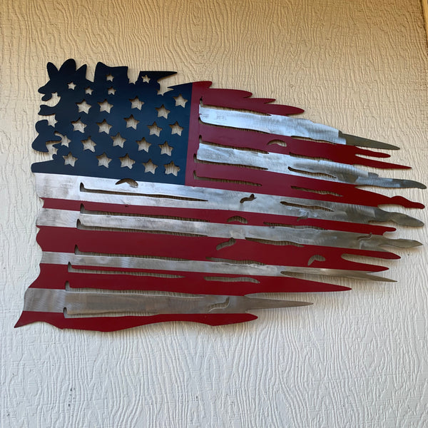 USA TATTERED AMERICAN FLAG METAL WALL ART WESTERN HOME DECOR HANDMADE NEW