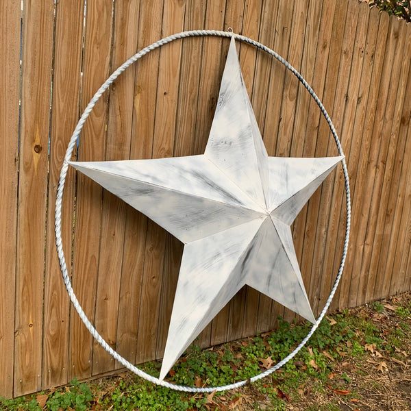 5 FOOT WHITE DISTRESSED STAR TWO TONE TEXTURE BARN STAR METAL LONESTAR TWISTED ROPE RING WESTERN HOME DECOR HANDMADE NEW