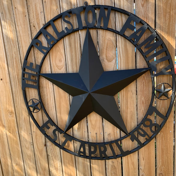 RALSTON FAMILY STYLE CUSTOM NAME STAR BARN METAL STAR 3d TWISTED ROPE RING WESTERN HOME DECOR RUSTIC BLACK HANDMADE 24",32",36",50"