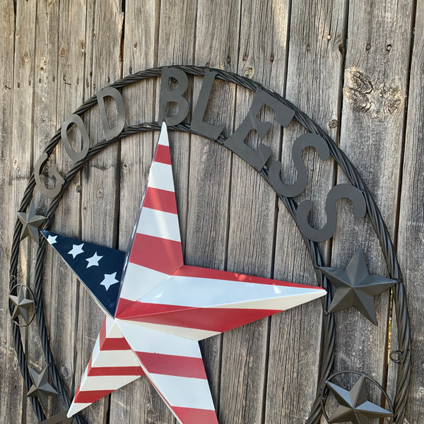 GOD BLESS AMERICA USA FLAG 3d STAR METAL BARN STAR LONE STAR TWISTED ROPE RING WALL ART WESTERN HOME DECOR RED WHITE & BLUE HANDMADE NEW #EH10490