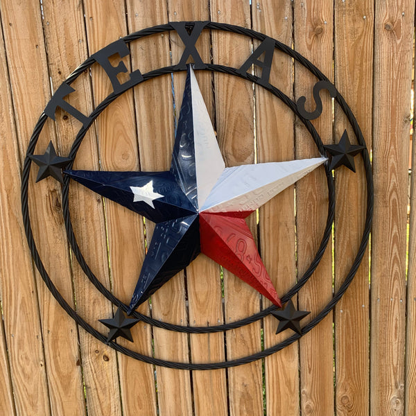 TEXAS LICENSE PLATE BARN STAR METAL LONE STAR TWISTED BLACK RING & LETTERS WESTERN HOME DECOR HANDMADE NEW