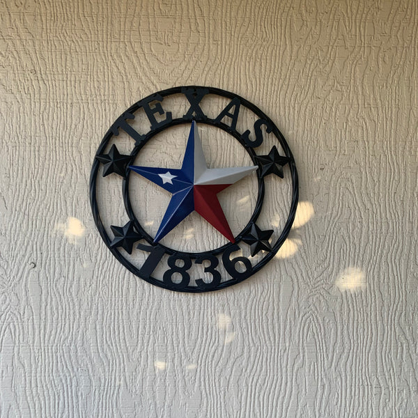 TEXAS FLAG STAR RED WHT BLUE STAR & BLACK RING METAL BARN LONE STAR WESTERN HOME DECOR HANDMADE NEW 12",18",24",36",50"