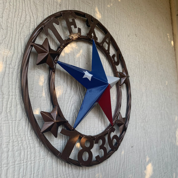TEXAS FLAG STAR RED WHT BLUE STAR & BRONZE COPPER RING 1836 TEXAS METAL BARN LONE STAR WESTERN HOME DECOR HANDMADE NEW 12",18",24",32",36",50"