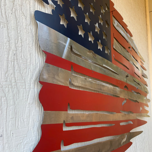 USA TATTERED AMERICAN FLAG METAL WALL ART WESTERN HOME DECOR HANDMADE NEW