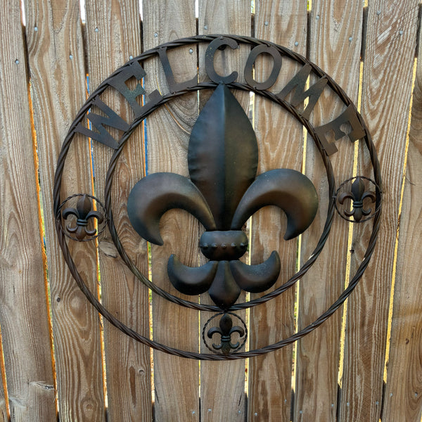 24" WELCOME FLEUR DE LIS METAL WALL ART WESTERN HOME DECOR BROWN NEW #EH11997