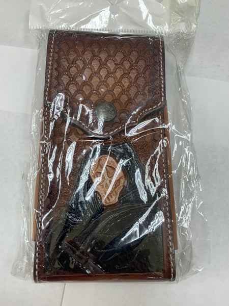#EH11707 SKUL LEATHER 7" POUCH EXTRA LARGE  BELT LOOP CELL PHONE CASE UNIVERSAL OVERSIZE WESTERN LEATHER ART HANDMADE NEW