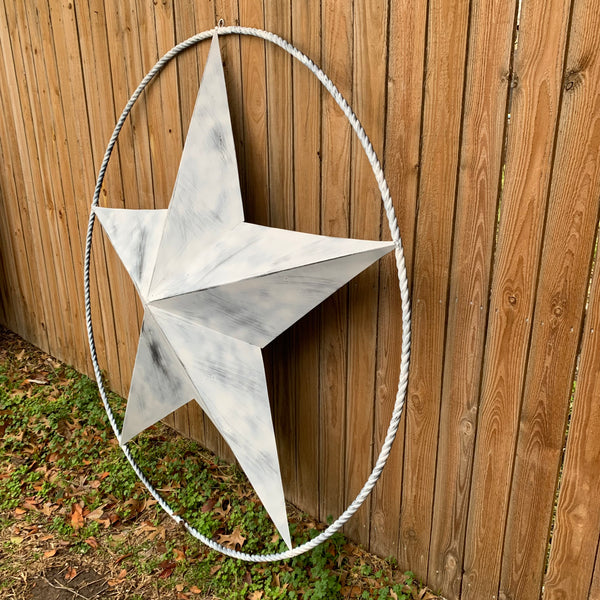 5 FOOT WHITE DISTRESSED STAR TWO TONE TEXTURE BARN STAR METAL LONESTAR TWISTED ROPE RING WESTERN HOME DECOR HANDMADE NEW
