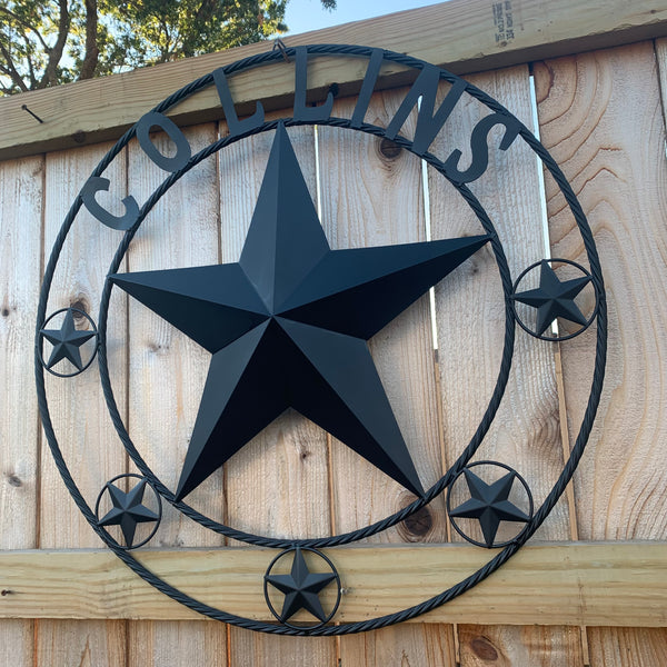 COLLINS STYLE CUSTOM STAR NAME BARN METAL STAR 3d TWISTED ROPE RING WESTERN HOME DECOR RUSTIC  BLACK HANDMADE 24",32",36",50"