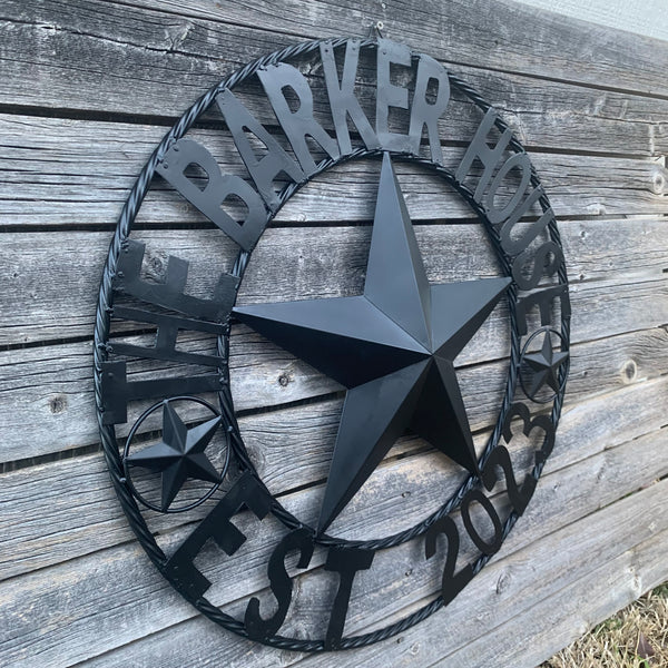 BARKER STYLE CUSTOM NAME STAR BARN METAL STAR 3d TWISTED ROPE RING LONESTAR WESTERN HOME DECOR RUSTIC BLACK HANDMADE 24",32",36",50"