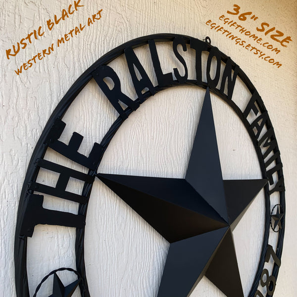 RALSTON FAMILY STYLE CUSTOM NAME STAR BARN METAL STAR 3d TWISTED ROPE RING WESTERN HOME DECOR RUSTIC BLACK HANDMADE 24",32",36",50"