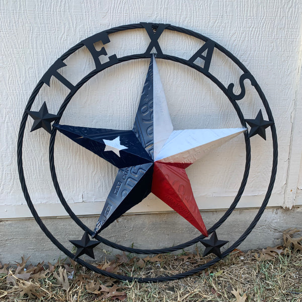 TEXAS LICENSE PLATE BARN STAR METAL LONE STAR TWISTED BLACK RING & LETTERS WESTERN HOME DECOR HANDMADE NEW