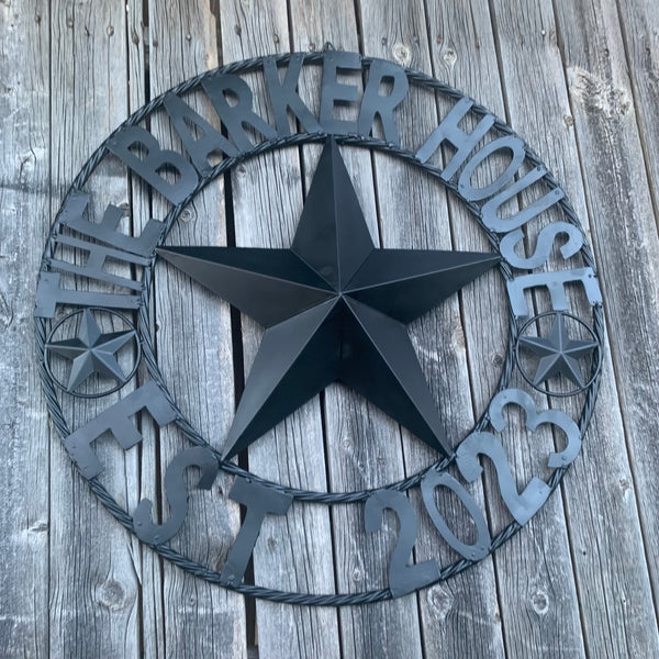 BARKER STYLE CUSTOM NAME STAR BARN METAL STAR 3d TWISTED ROPE RING LONESTAR WESTERN HOME DECOR RUSTIC BLACK HANDMADE 24",32",36",50"