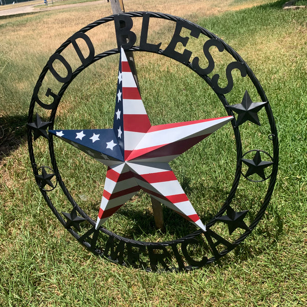 GOD BLESS AMERICA USA FLAG 3d STAR METAL BARN STAR LONE STAR TWISTED ROPE RING WALL ART WESTERN HOME DECOR RED WHITE & BLUE HANDMADE NEW #EH10490