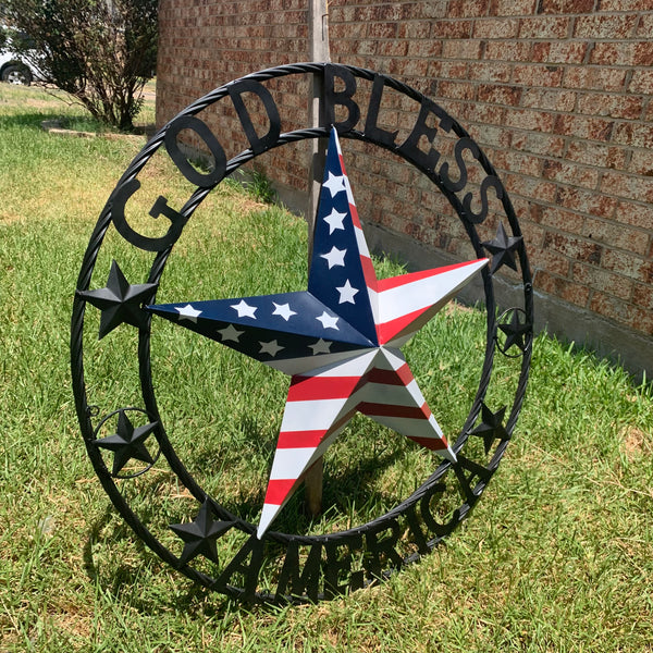 GOD BLESS AMERICA USA FLAG 3d STAR METAL BARN STAR LONE STAR TWISTED ROPE RING WALL ART WESTERN HOME DECOR RED WHITE & BLUE HANDMADE NEW #EH10490