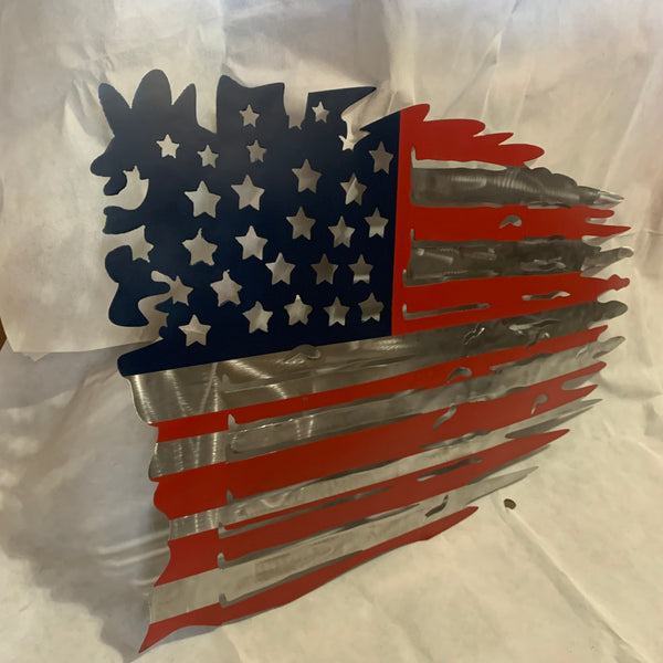 USA TATTERED AMERICAN FLAG METAL WALL ART WESTERN HOME DECOR HANDMADE NEW