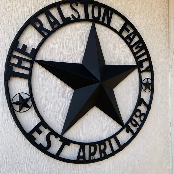 RALSTON FAMILY STYLE CUSTOM NAME STAR BARN METAL STAR 3d TWISTED ROPE RING WESTERN HOME DECOR RUSTIC BLACK HANDMADE 24",32",36",50"