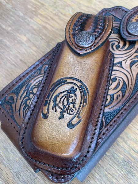 HORSESHOE LEATHER PHONE POUCH WITH KNIFE HOLDER FRONT EXTRA LARGE  BELT LOOP CELL PHONE CASE UNIVERSAL OVERSIZE #EH11715