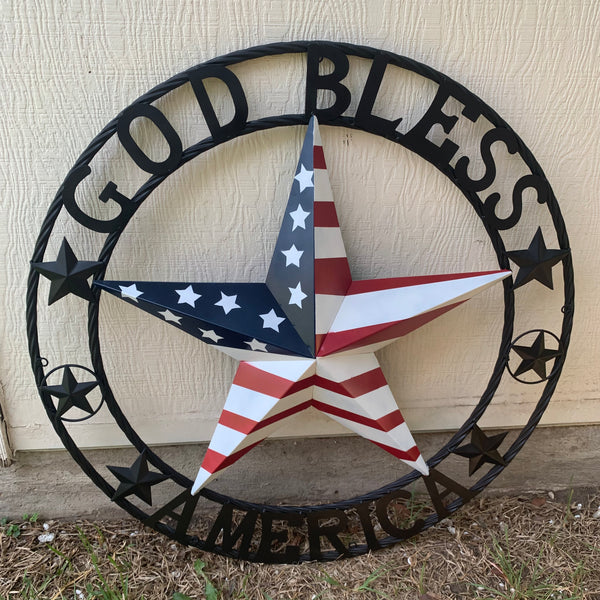 GOD BLESS AMERICA USA FLAG 3d STAR METAL BARN STAR LONE STAR TWISTED ROPE RING WALL ART WESTERN HOME DECOR RED WHITE & BLUE HANDMADE NEW #EH10490