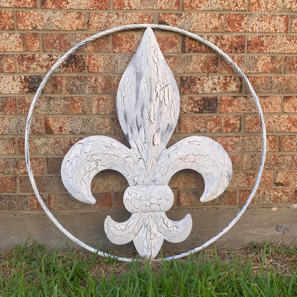 24",36" FLEUR DE LIS METAL CRACKLE WHITE WESTERN HOME DECOR HANDMADE WALL ART NEW