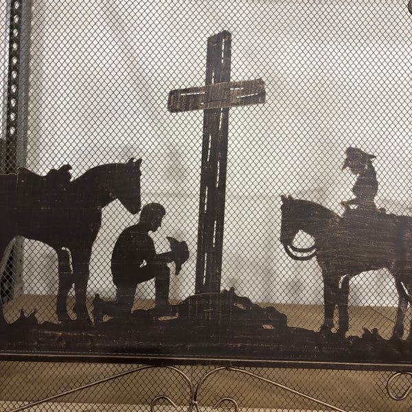 PRAYING COWBOY CHURCH METAL FIREPLACE SCREEN 39" X 34" WESTERN HOME DECOR HANDMADE #EH80004