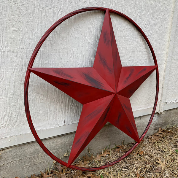 RED DISTRESSED STAR TWO TONE TEXTURE BARN STAR METAL LONESTAR TWISTED ROPE RING WESTERN HOME DECOR HANDMADE NEW