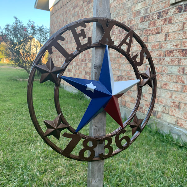 TEXAS FLAG STAR RED WHT BLUE STAR & BRONZE COPPER RING 1836 TEXAS METAL BARN LONE STAR WESTERN HOME DECOR HANDMADE NEW 12",18",24",32",36",50"