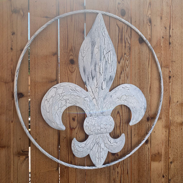 24",36" FLEUR DE LIS METAL CRACKLE WHITE WESTERN HOME DECOR HANDMADE WALL ART NEW