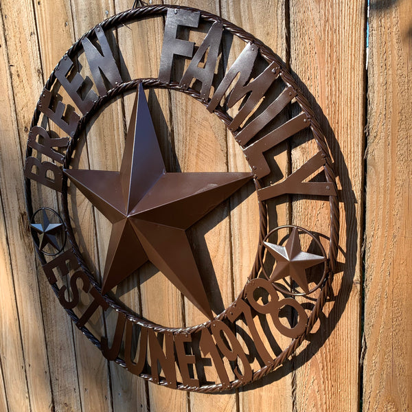 BREEN FAMILY STYLE CUSTOM NAME STAR BARN METAL STAR 3d TWISTED ROPE RING WESTERN HOME DECOR RUSTIC BROWN HANDMADE 24",32",36",50"