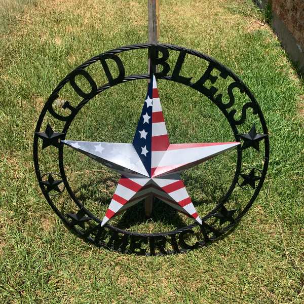 GOD BLESS AMERICA USA FLAG 3d STAR METAL BARN STAR LONE STAR TWISTED ROPE RING WALL ART WESTERN HOME DECOR RED WHITE & BLUE HANDMADE NEW #EH10490