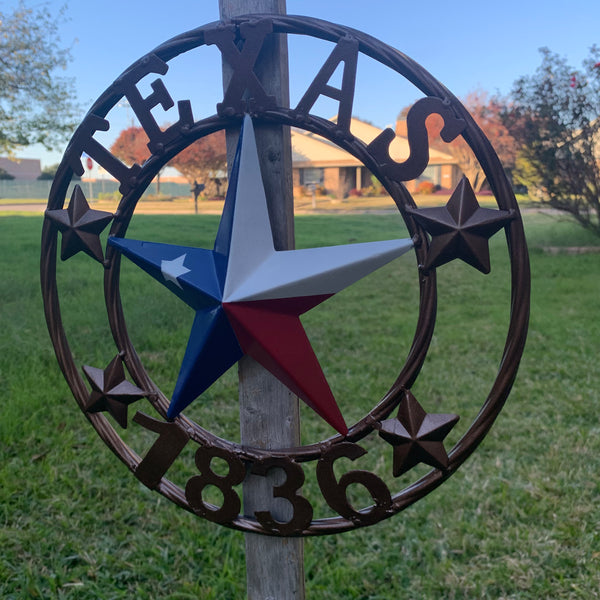 TEXAS FLAG STAR RED WHT BLUE STAR & BRONZE COPPER RING 1836 TEXAS METAL BARN LONE STAR WESTERN HOME DECOR HANDMADE NEW 12",18",24",32",36",50"