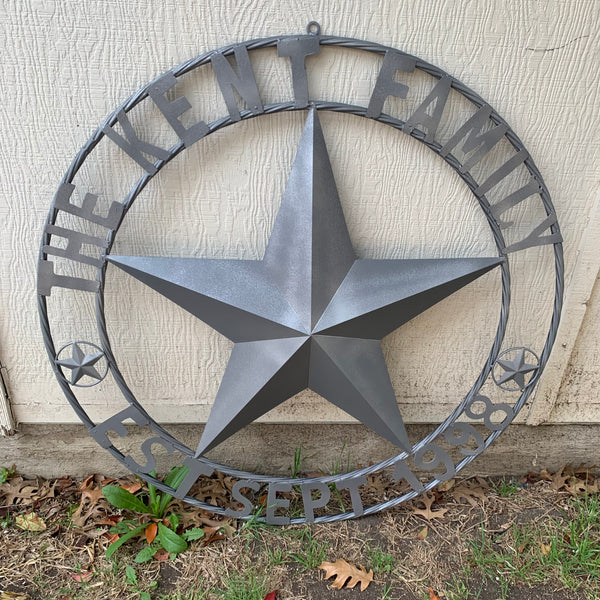 KENT STYLE CUSTOM STAR NAME BARN METAL STAR 3d TWISTED ROPE RING WESTERN HOME DECOR RUSTIC GREY SILVER HANDMADE 24",32",36",50"