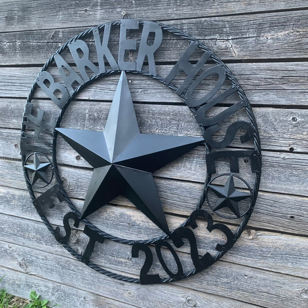 BARKER STYLE CUSTOM NAME STAR BARN METAL STAR 3d TWISTED ROPE RING LONESTAR WESTERN HOME DECOR RUSTIC BLACK HANDMADE 24",32",36",50"