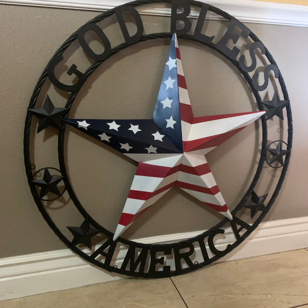 GOD BLESS AMERICA USA FLAG 3d STAR METAL BARN STAR LONE STAR TWISTED ROPE RING WALL ART WESTERN HOME DECOR RED WHITE & BLUE HANDMADE NEW #EH10490