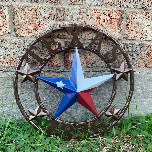 TEXAS FLAG STAR RED WHT BLUE STAR & BRONZE COPPER RING 1836 TEXAS METAL BARN LONE STAR WESTERN HOME DECOR HANDMADE NEW 12",18",24",32",36",50"