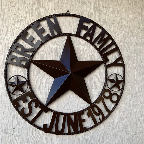 BREEN FAMILY STYLE CUSTOM NAME STAR BARN METAL STAR 3d TWISTED ROPE RING WESTERN HOME DECOR RUSTIC BROWN HANDMADE 24",32",36",50"