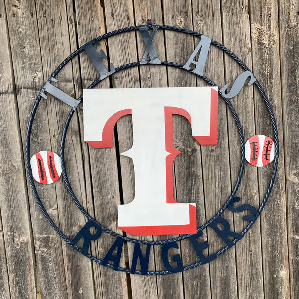 TEXAS RANGERS CUSTOM METAL VINTAGE CRAFT TEAM SIGN WHITE & RED & NAVY BLUE RING HANDMADE