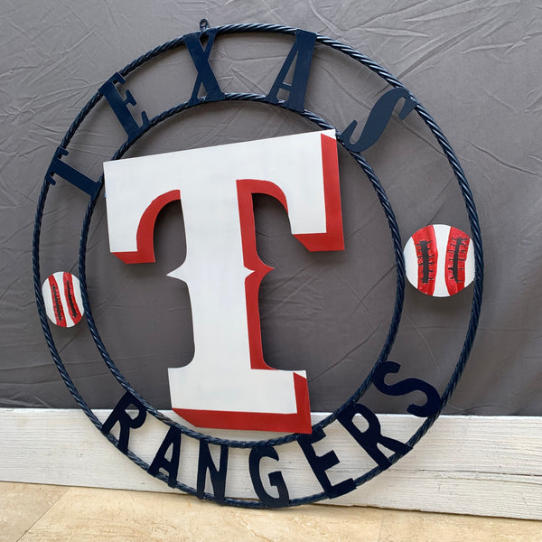 TEXAS RANGERS CUSTOM METAL VINTAGE CRAFT TEAM SIGN WHITE & RED & NAVY BLUE RING HANDMADE