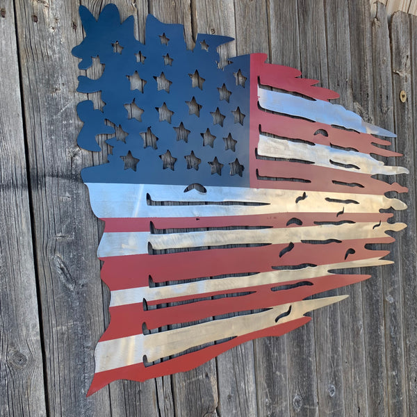 USA TATTERED AMERICAN FLAG METAL WALL ART WESTERN HOME DECOR HANDMADE NEW