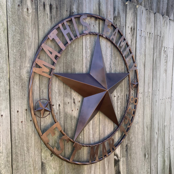 MATHIS STYLE CUSTOM NAME STAR BARN STAR 3d METAL LONESTAR TWISTED ROPE RING WESTERN HOME DECOR RUSTIC BRONZE COPPER HANDMADE 24",32",36",50"