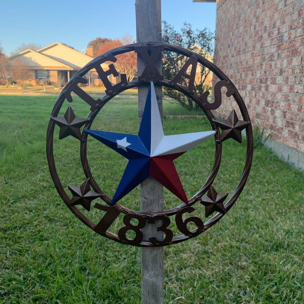TEXAS FLAG STAR RED WHT BLUE STAR & BRONZE COPPER RING 1836 TEXAS METAL BARN LONE STAR WESTERN HOME DECOR HANDMADE NEW 12",18",24",32",36",50"
